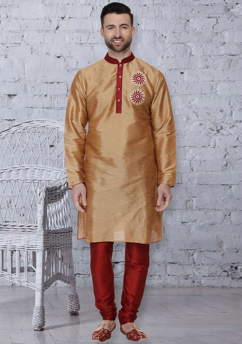 Golden Embroidery Sequins Work Dupion Silk Blend Kurta Set For Men - Indya