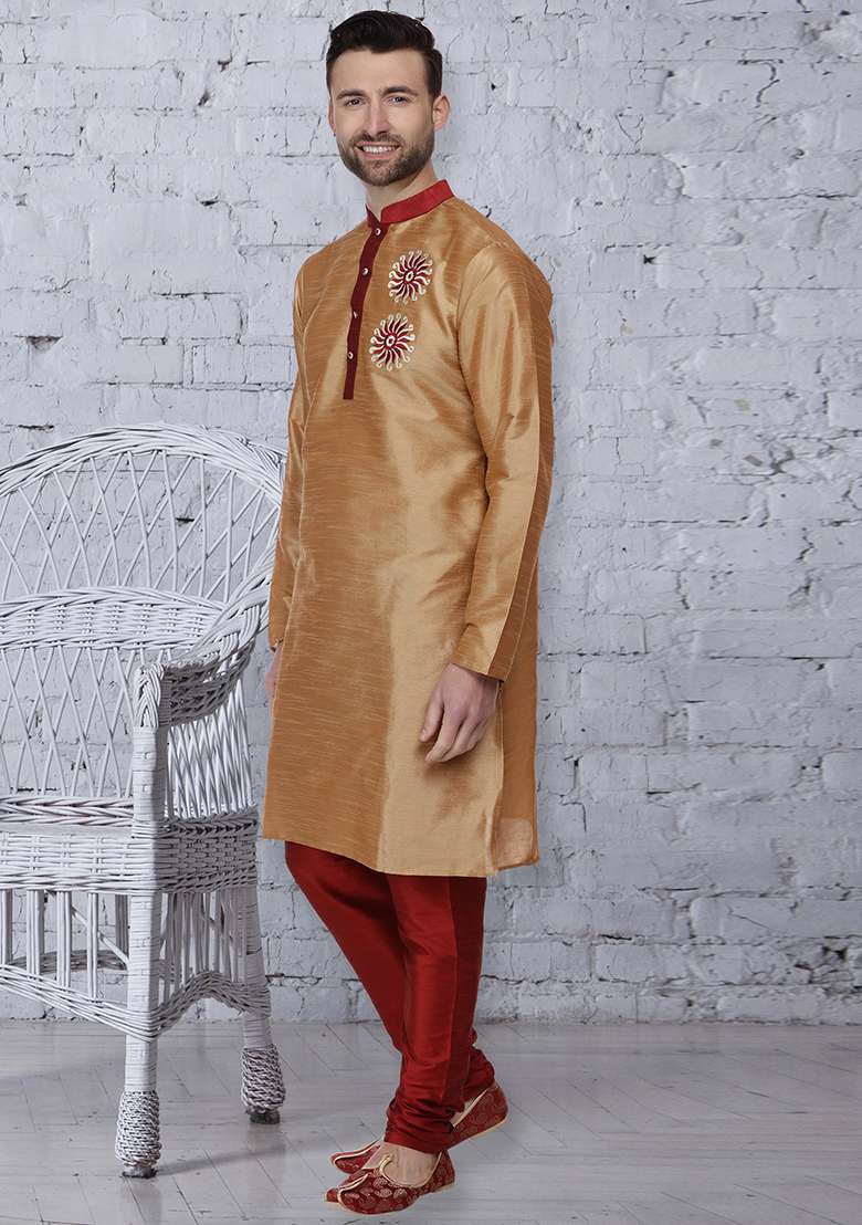 Golden Embroidery Sequins Work Dupion Silk Blend Kurta Set For Men - Indya
