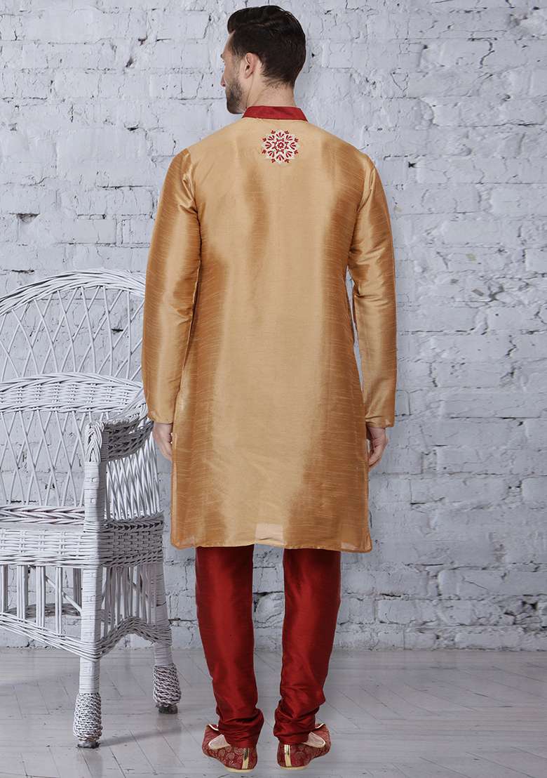 Golden Embroidery Sequins Work Dupion Silk Blend Kurta Set For Men - Indya