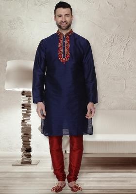 Navy Blue Embroidery Sequins Work Dupion Silk Kurta Set For Men