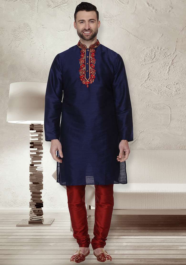 Navy Blue Embroidery Sequins Work Dupion Silk Blend Kurta Set For Men - Indya