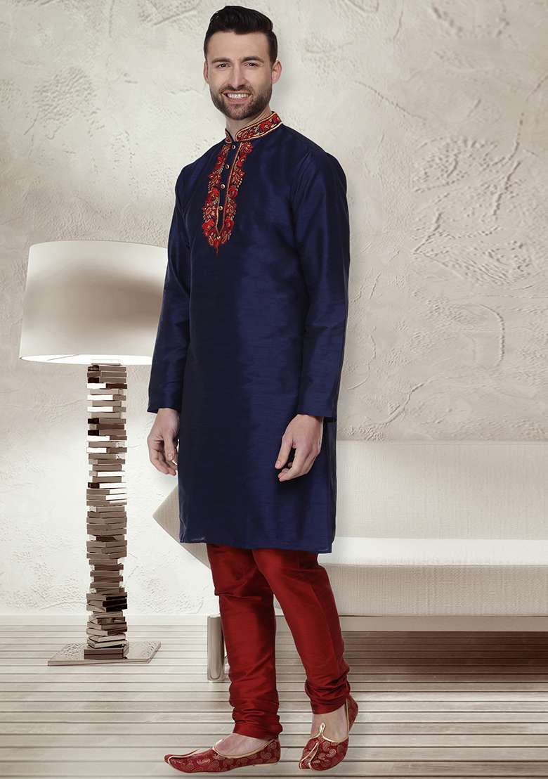 Navy Blue Embroidery Sequins Work Dupion Silk Blend Kurta Set For Men - Indya