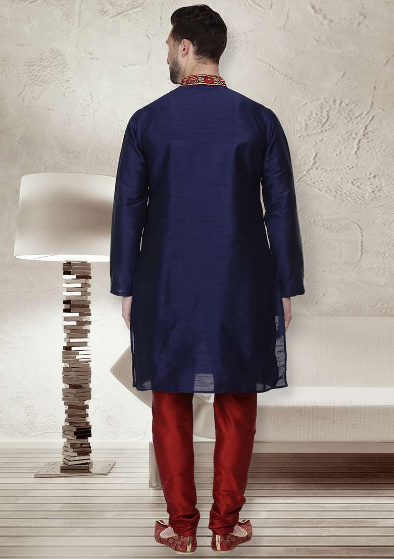 Navy Blue Embroidery Sequins Work Dupion Silk Blend Kurta Set For Men - Indya