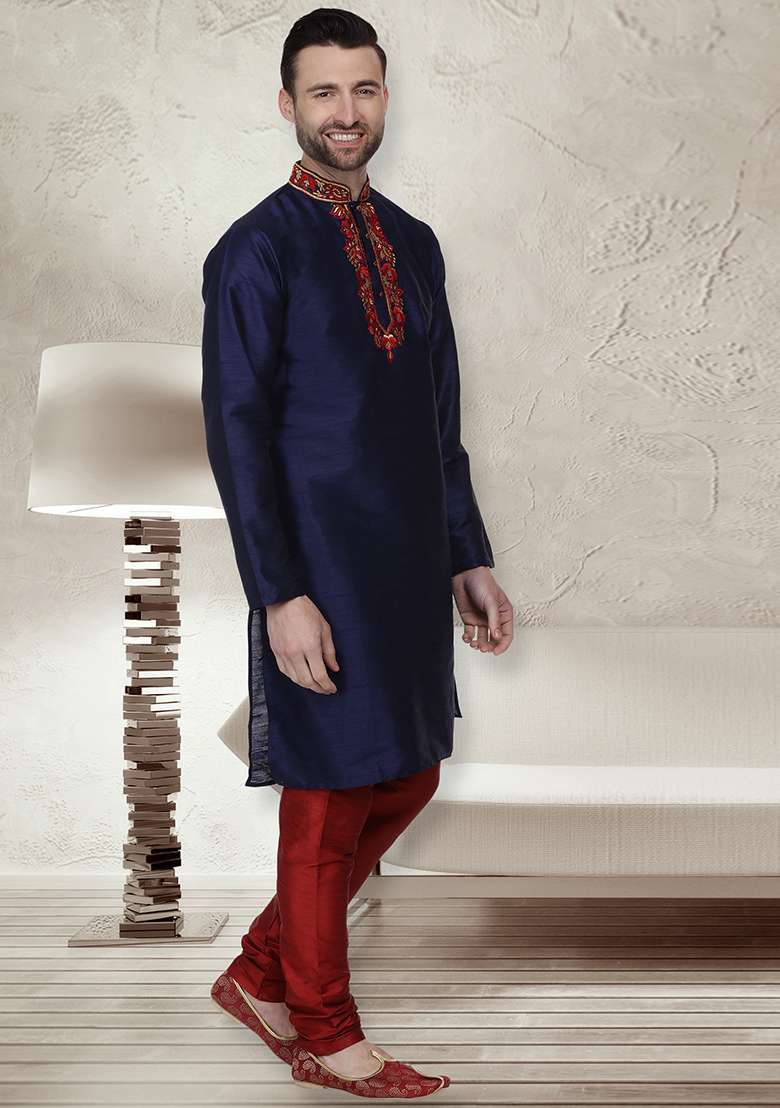 Navy Blue Embroidery Sequins Work Dupion Silk Blend Kurta Set For Men - Indya
