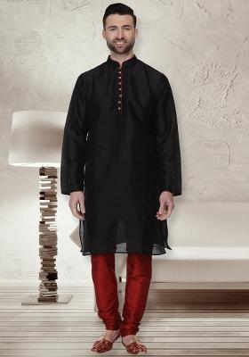 Black Embroidery Sequins Work Dupion Silk Kurta Set For Men
