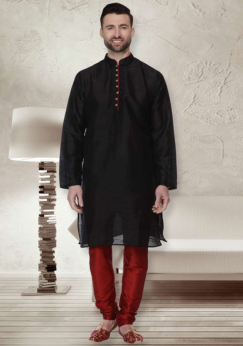 Black Embroidery Sequins Work Dupion Silk Blend Kurta Set For Men - Indya