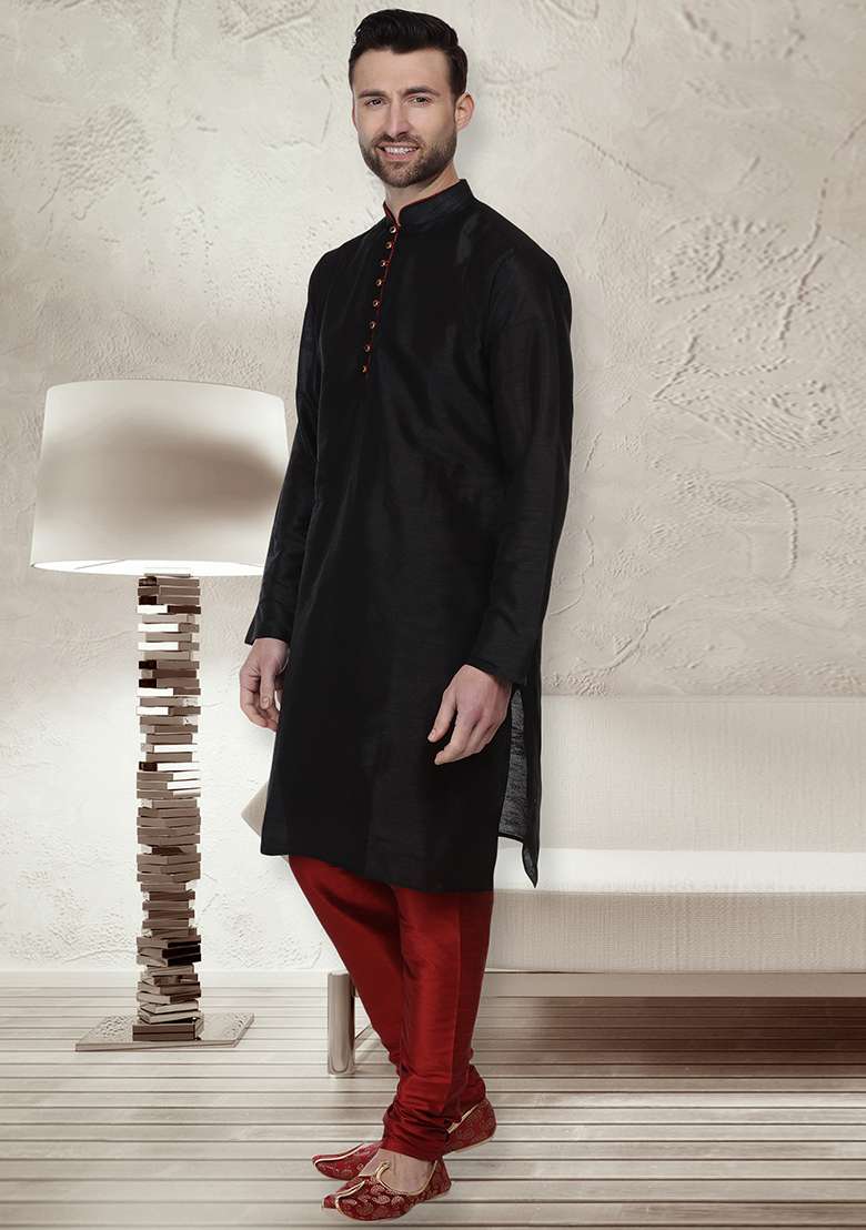 Black Embroidery Sequins Work Dupion Silk Blend Kurta Set For Men - Indya