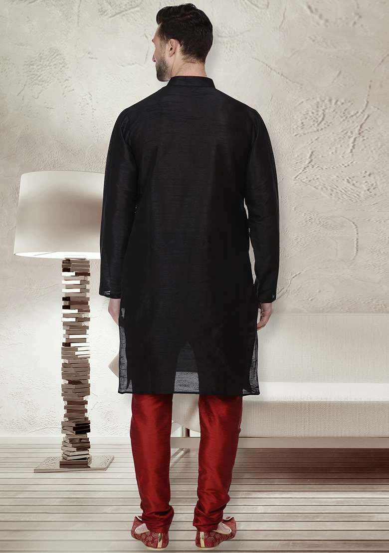 Black Embroidery Sequins Work Dupion Silk Blend Kurta Set For Men - Indya