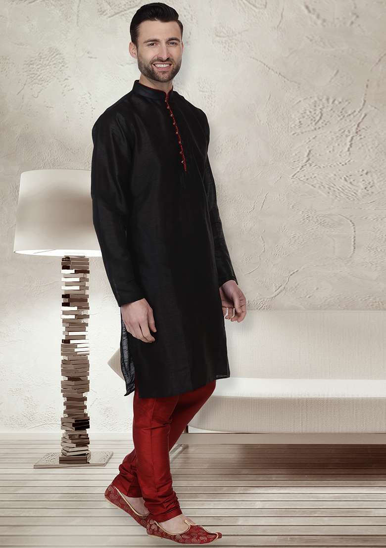 Black Embroidery Sequins Work Dupion Silk Blend Kurta Set For Men - Indya
