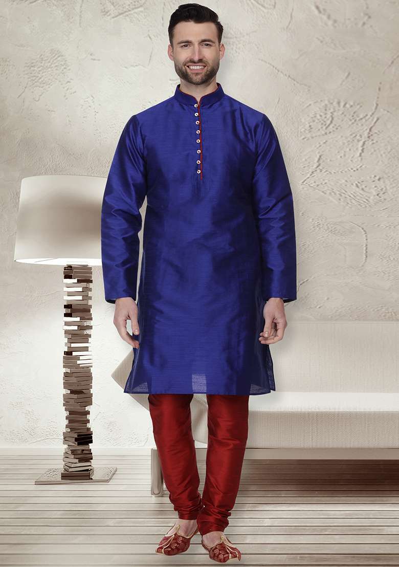 Royal Blue Embroidery Sequins Work Dupion Silk Blend Kurta Set For Men - Indya