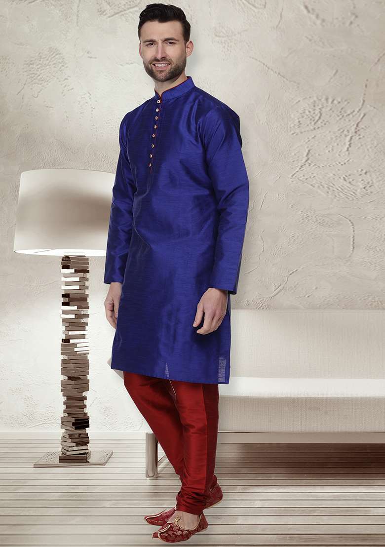 Royal Blue Embroidery Sequins Work Dupion Silk Blend Kurta Set For Men - Indya