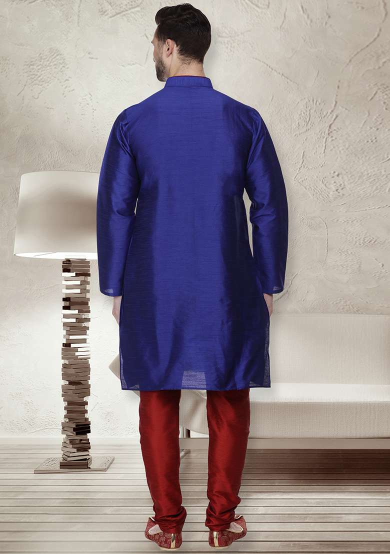 Royal Blue Embroidery Sequins Work Dupion Silk Blend Kurta Set For Men - Indya