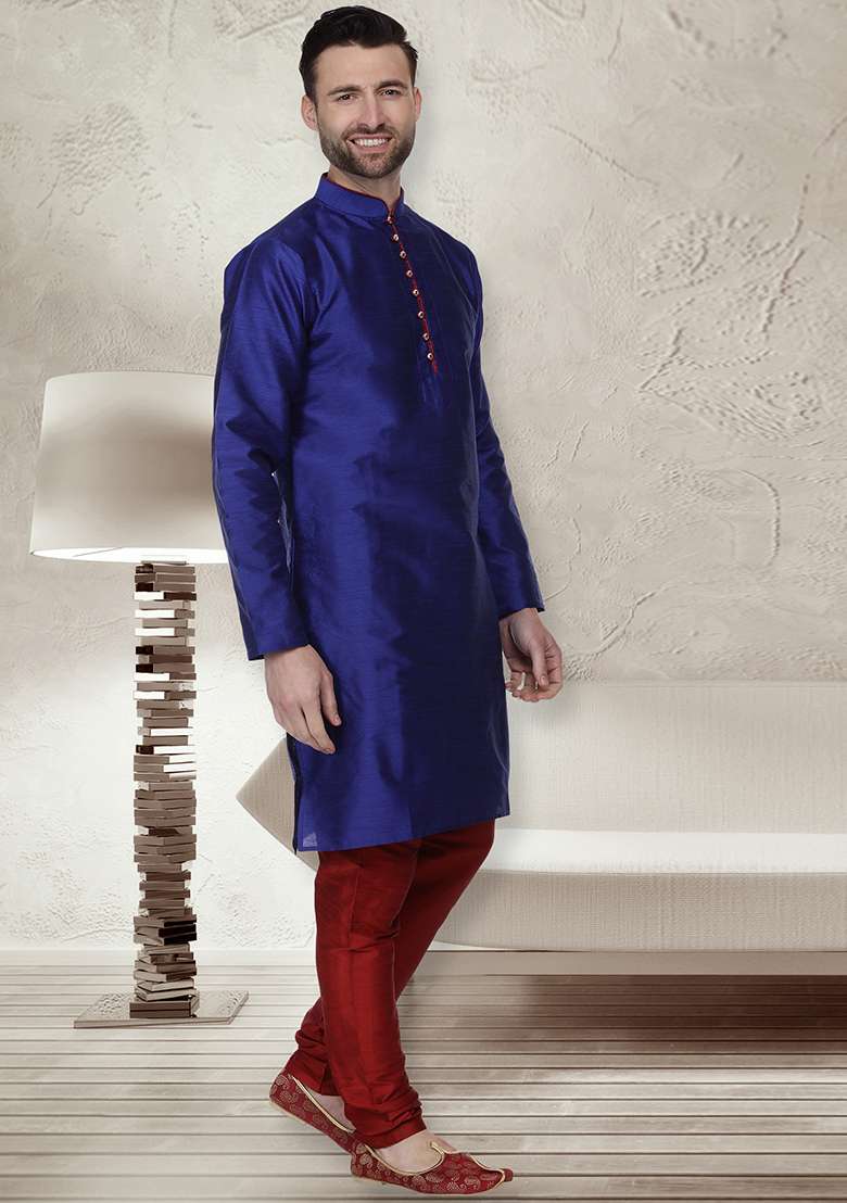 Royal Blue Embroidery Sequins Work Dupion Silk Blend Kurta Set For Men - Indya