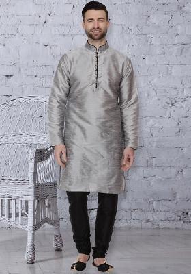 Grey Embroidery Sequins Work Dupion Silk Blend Kurta Set For Men