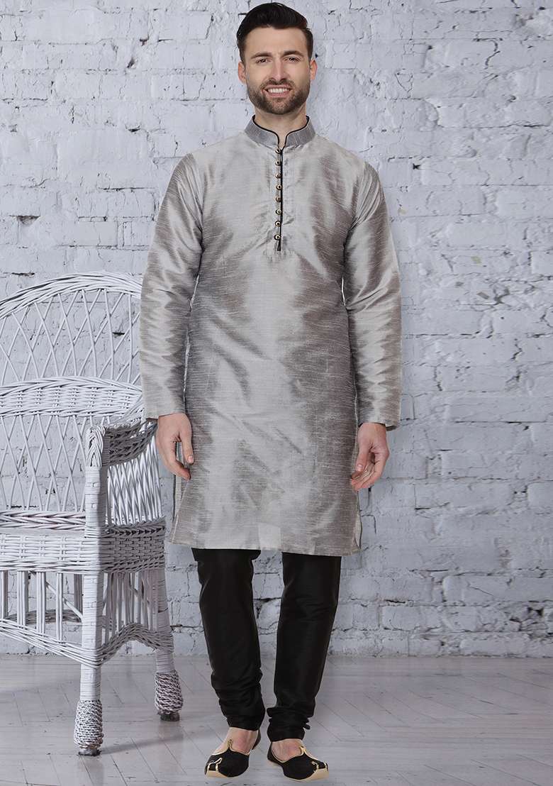 Grey Embroidery Sequins Work Dupion Silk Blend Kurta Set For Men - Indya