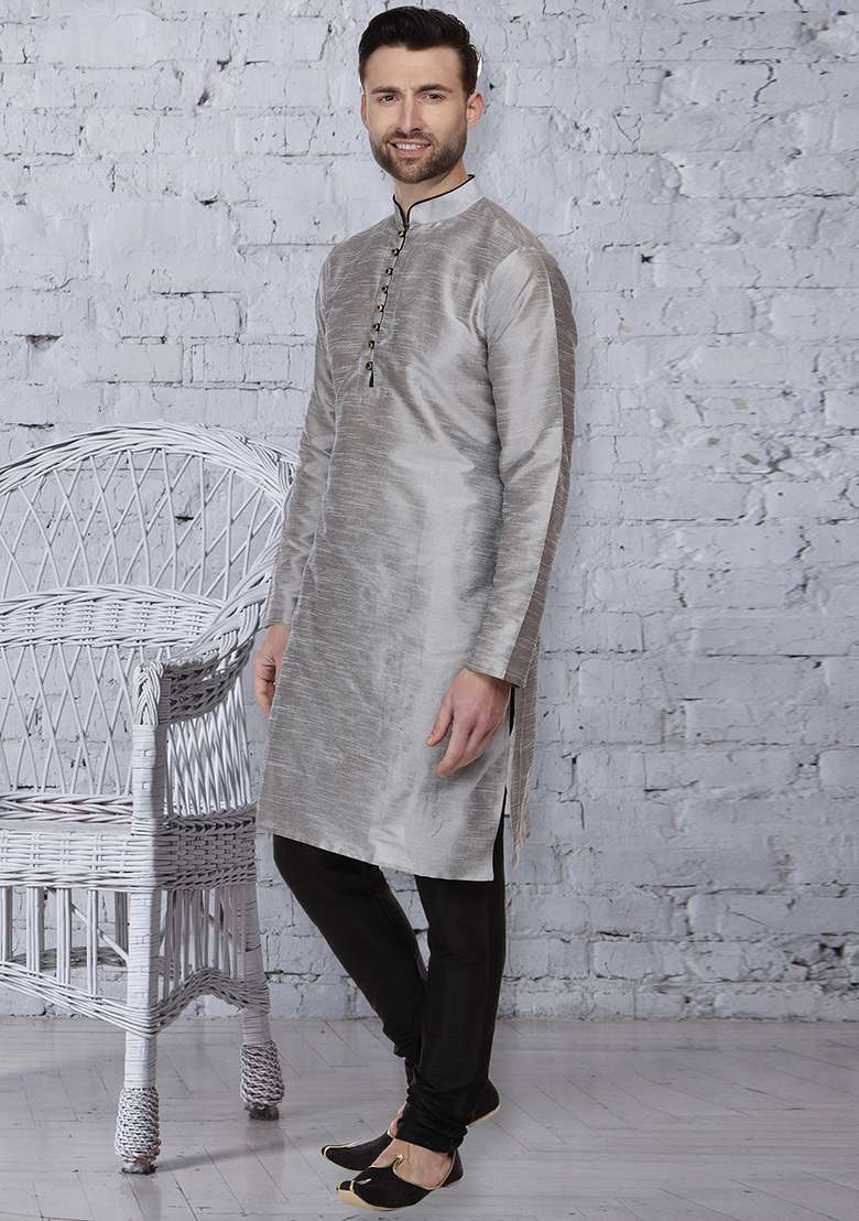 Grey Embroidery Sequins Work Dupion Silk Blend Kurta Set For Men - Indya