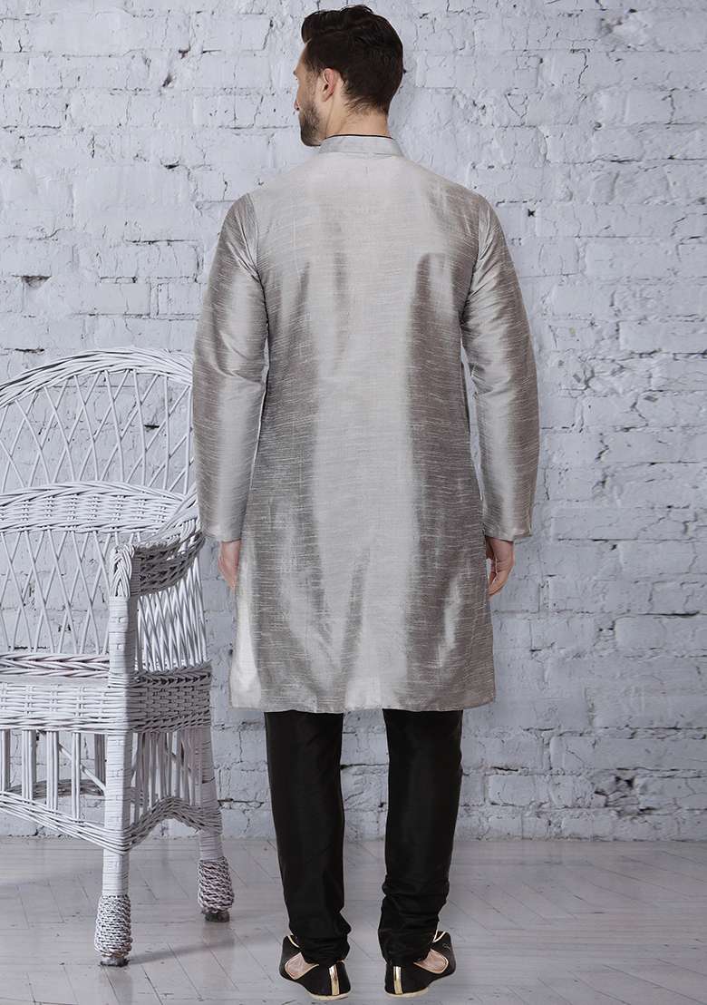 Grey Embroidery Sequins Work Dupion Silk Blend Kurta Set For Men - Indya