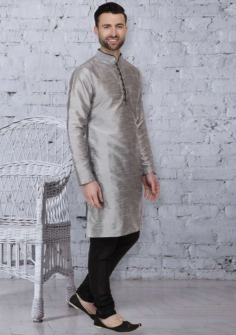 Grey Embroidery Sequins Work Dupion Silk Blend Kurta Set For Men - Indya