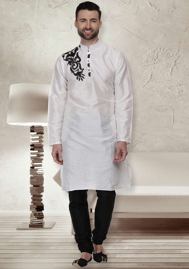 White Embroidery Sequins Work Dupion Silk Blend Kurta Set For Men - Indya