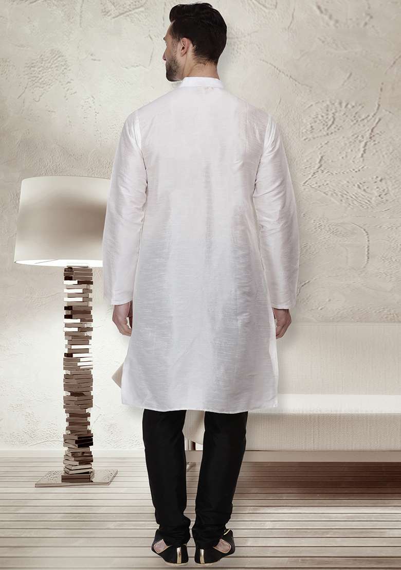 White Embroidery Sequins Work Dupion Silk Blend Kurta Set For Men - Indya