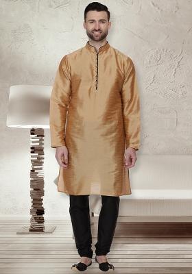 Golden Embroidery Sequins Work Dupion Silk Blend Kurta Set For Men