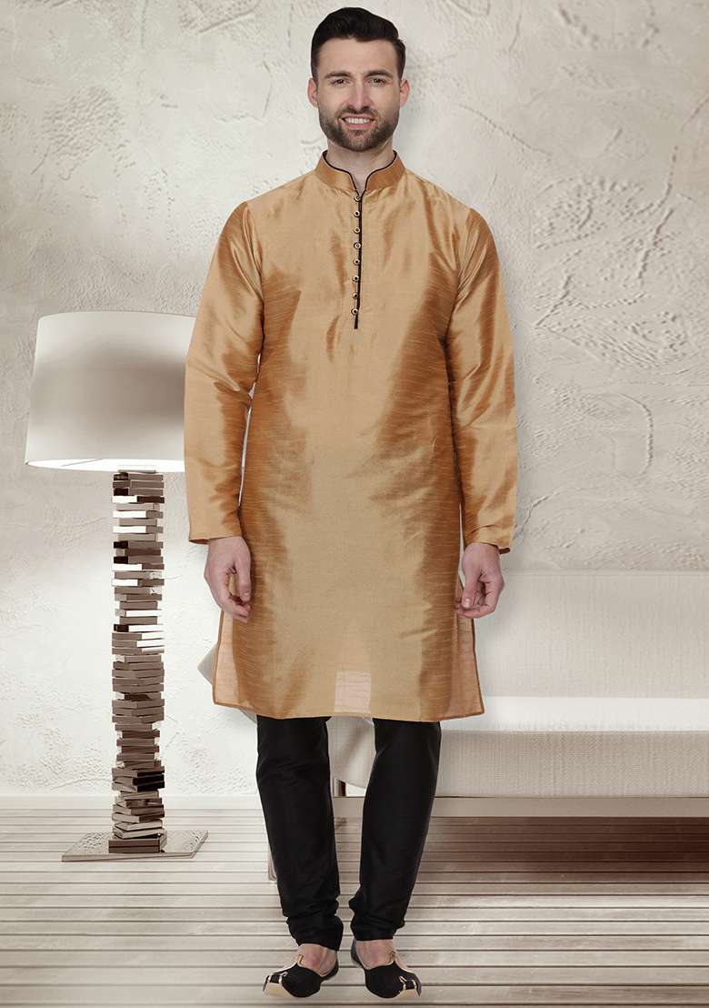 Golden Embroidery Sequins Work Dupion Silk Blend Kurta Set For Men - Indya