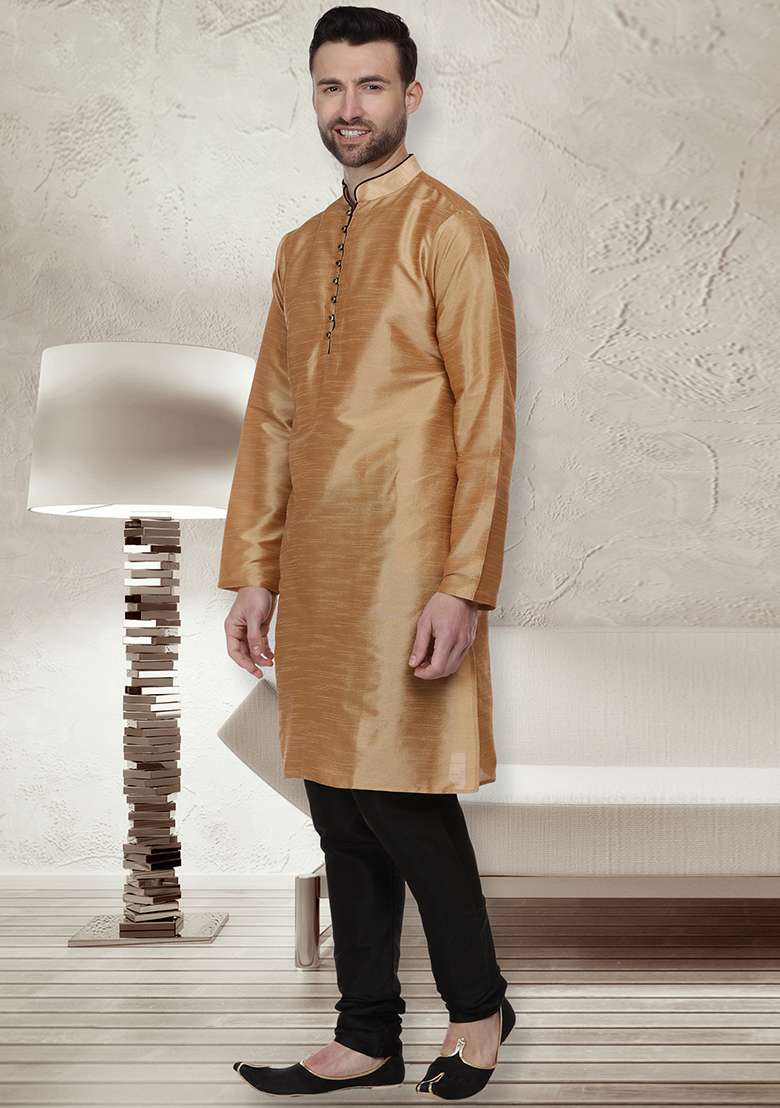 Golden Embroidery Sequins Work Dupion Silk Blend Kurta Set For Men - Indya