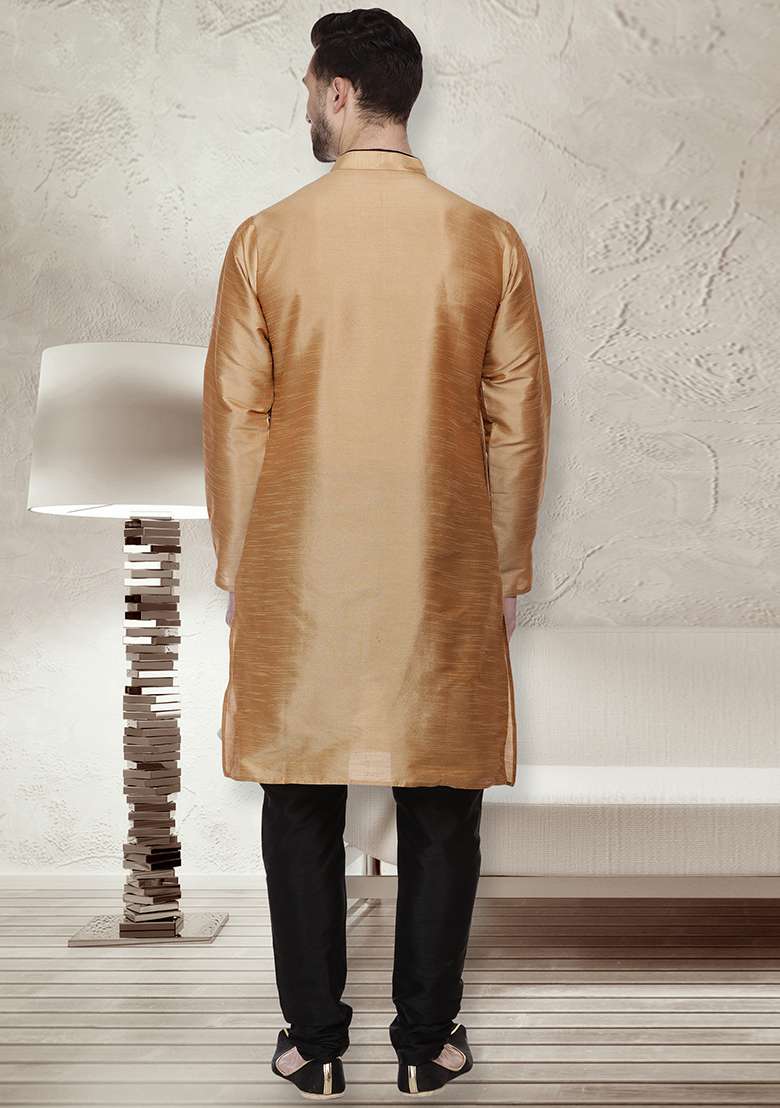 Golden Embroidery Sequins Work Dupion Silk Blend Kurta Set For Men - Indya