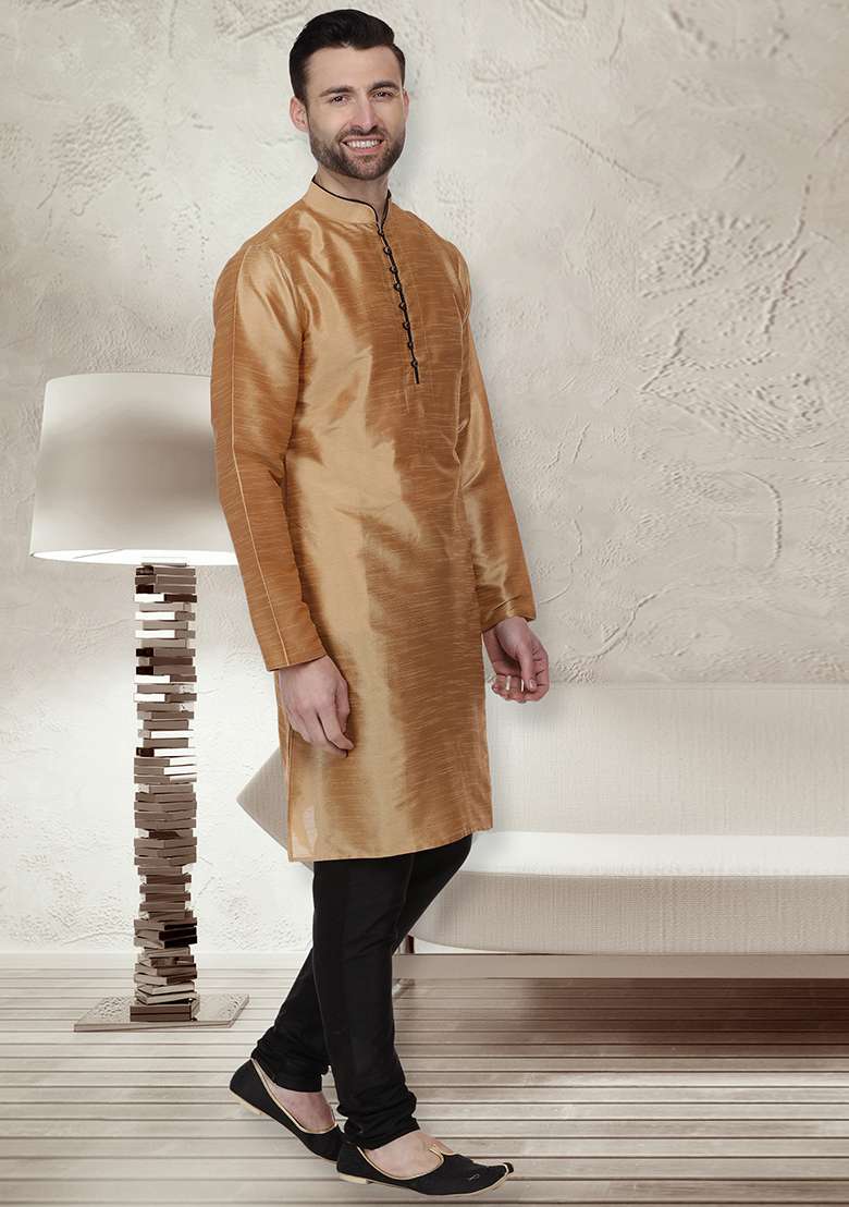 Golden Embroidery Sequins Work Dupion Silk Blend Kurta Set For Men - Indya