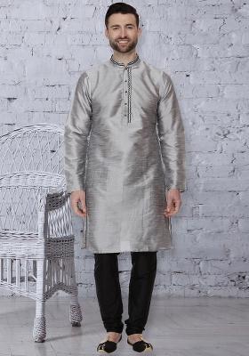 Grey Embroidery Sequins Work Dupion Silk Blend Kurta Set For Men