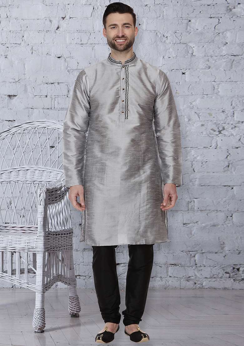 Grey Embroidery Sequins Work Dupion Silk Blend Kurta Set For Men - Indya