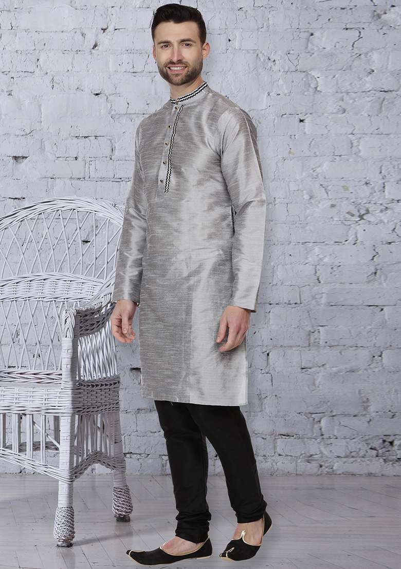 Grey Embroidery Sequins Work Dupion Silk Blend Kurta Set For Men - Indya