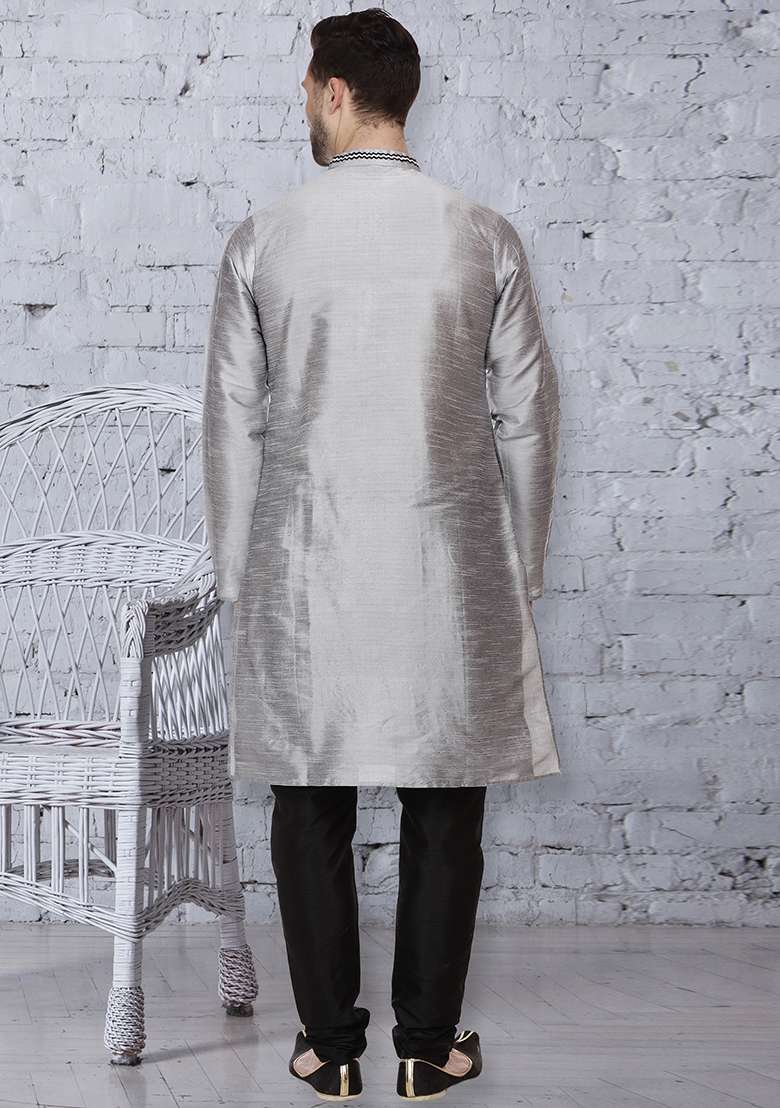 Grey Embroidery Sequins Work Dupion Silk Blend Kurta Set For Men - Indya