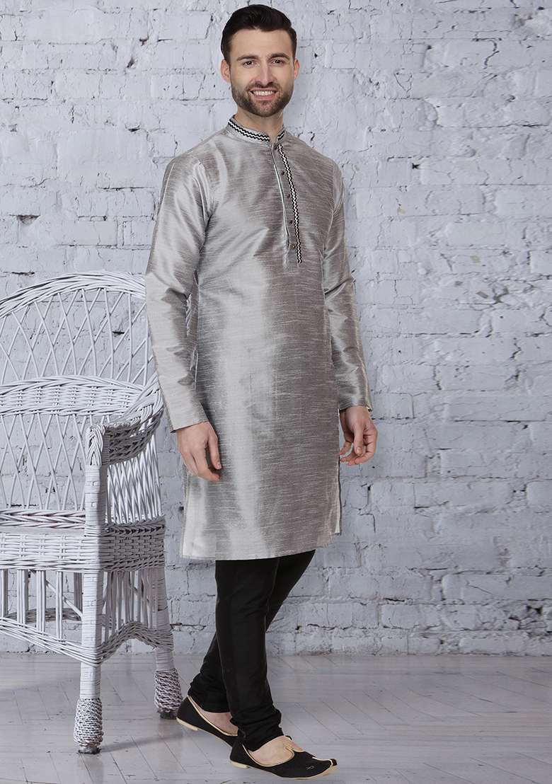 Grey Embroidery Sequins Work Dupion Silk Blend Kurta Set For Men - Indya