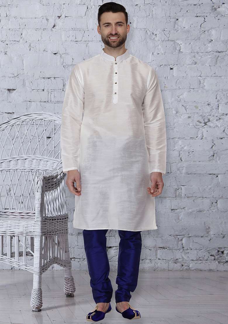 White Embroidery Sequins Work Dupion Silk Blend Kurta Set For Men - Indya