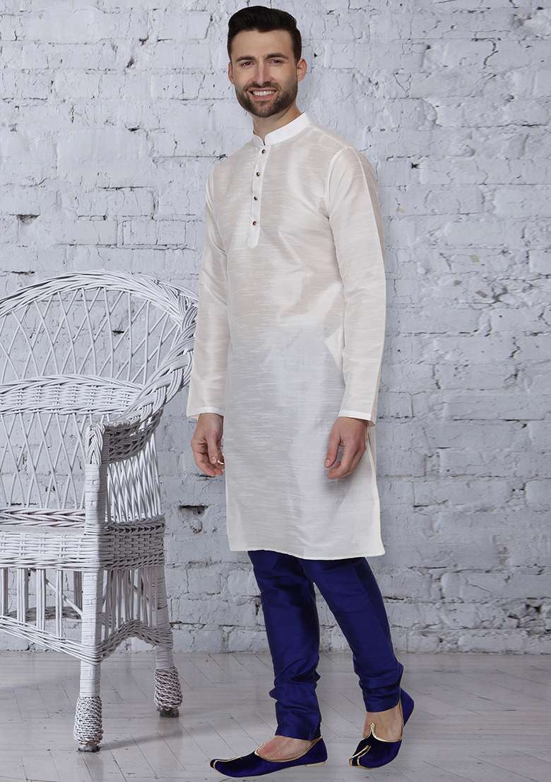 White Embroidery Sequins Work Dupion Silk Blend Kurta Set For Men - Indya
