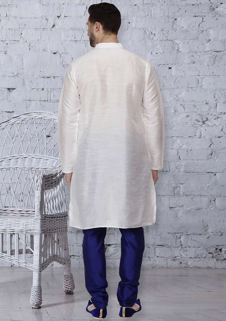 White Embroidery Sequins Work Dupion Silk Blend Kurta Set For Men - Indya