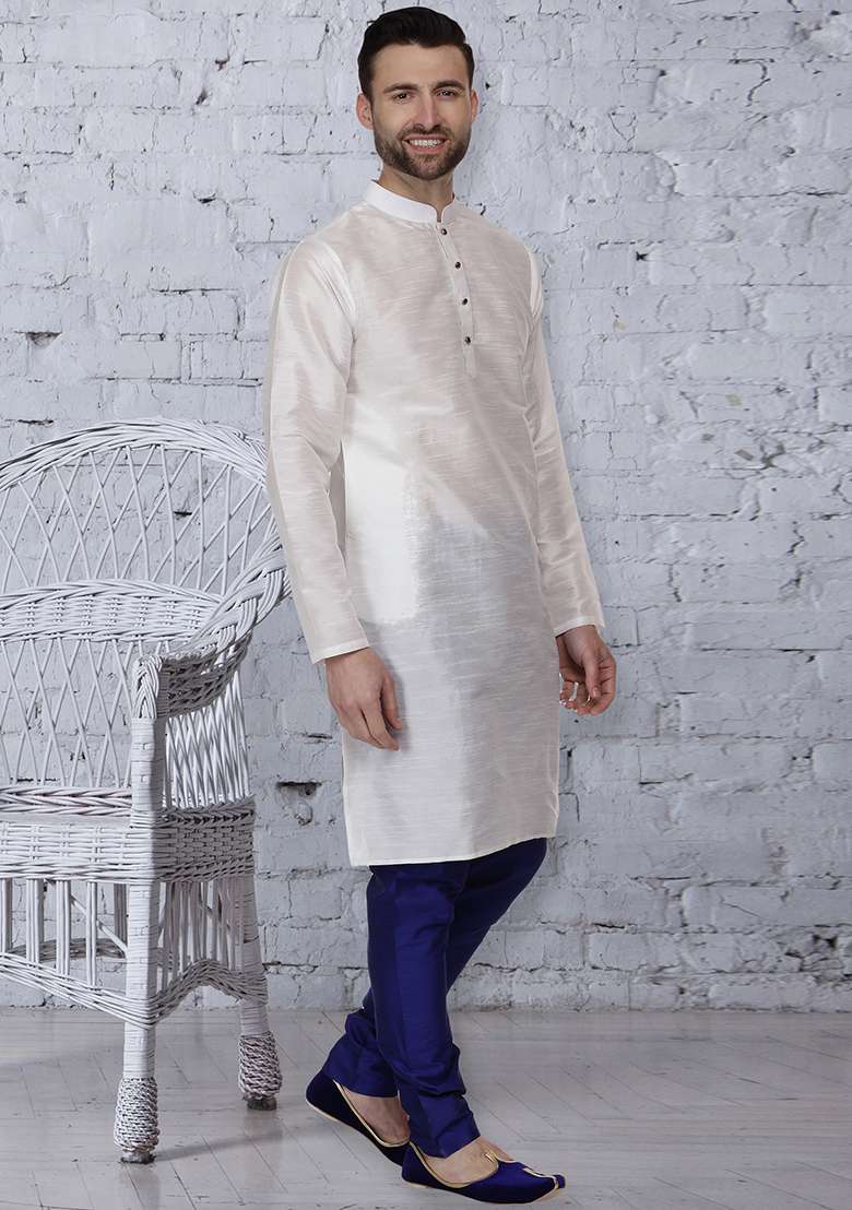 White Embroidery Sequins Work Dupion Silk Blend Kurta Set For Men - Indya