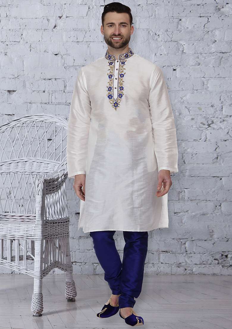 White Embroidery Sequins Work Dupion Silk Blend Kurta Set For Men - Indya