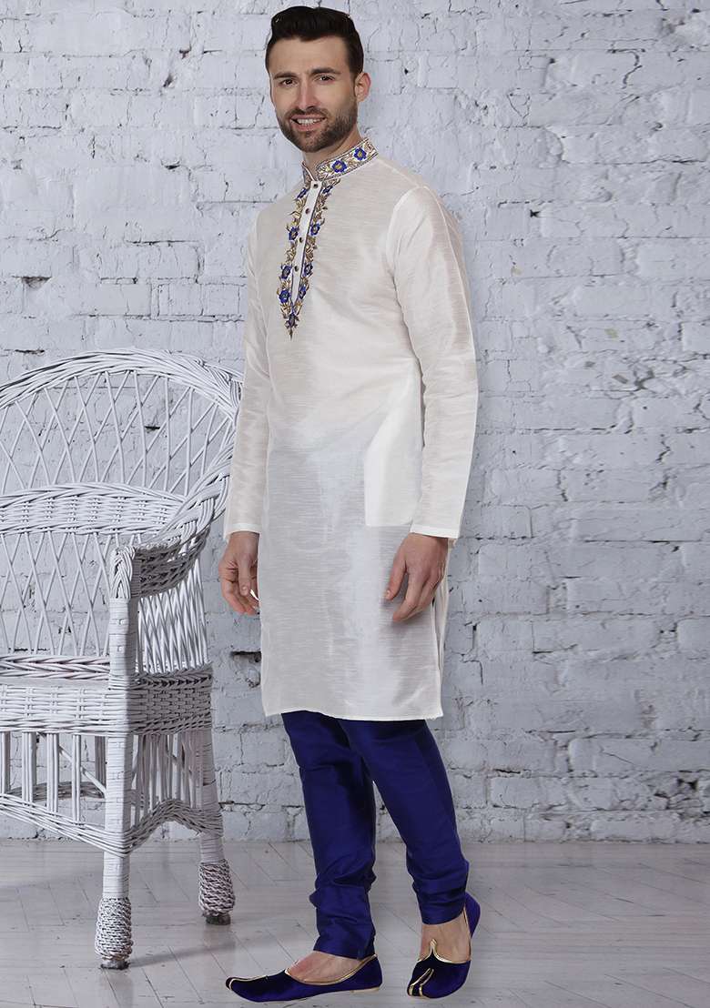 White Embroidery Sequins Work Dupion Silk Blend Kurta Set For Men - Indya