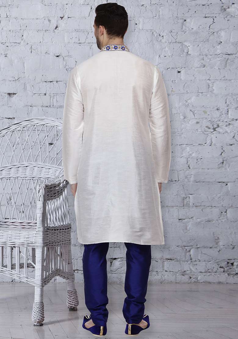 White Embroidery Sequins Work Dupion Silk Blend Kurta Set For Men - Indya