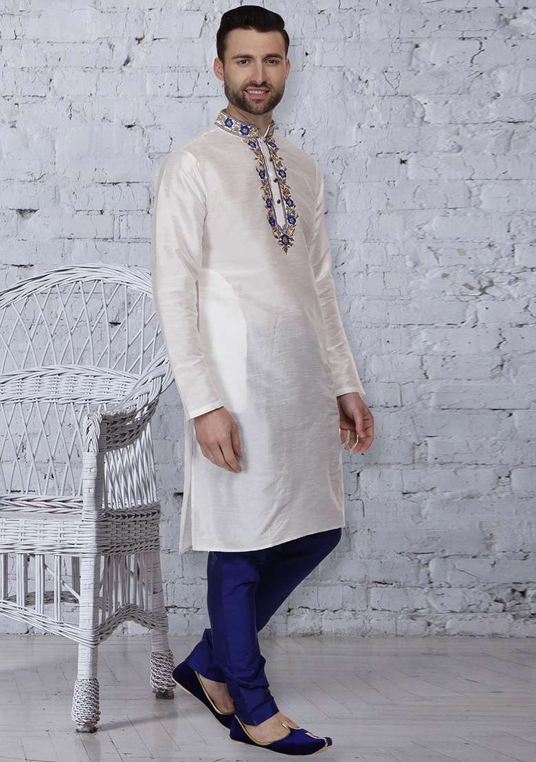 White Embroidery Sequins Work Dupion Silk Blend Kurta Set For Men - Indya