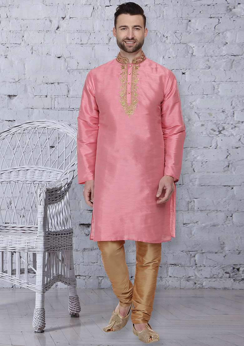 Pink Embroidery Sequins Work Dupion Silk Blend Kurta Set For Men - Indya