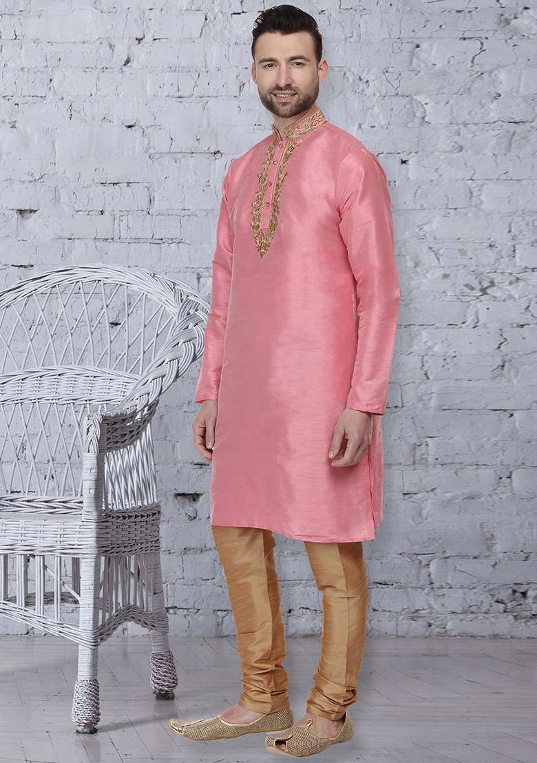 Pink Embroidery Sequins Work Dupion Silk Blend Kurta Set For Men - Indya