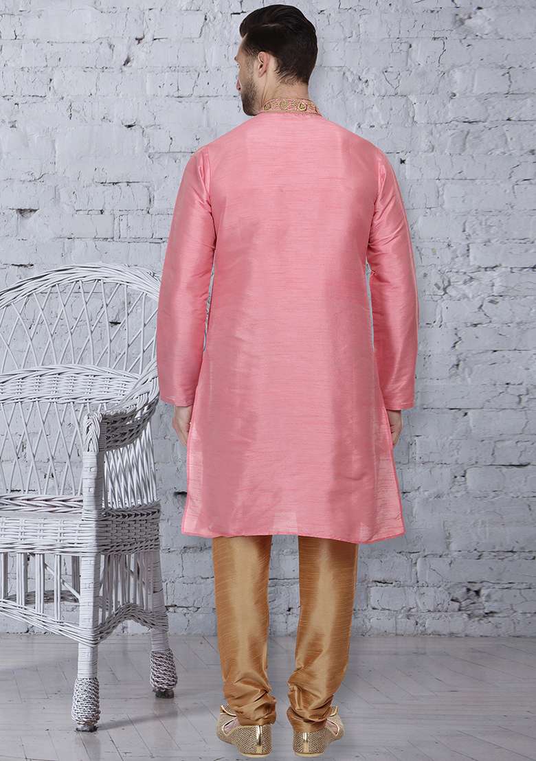Pink Embroidery Sequins Work Dupion Silk Blend Kurta Set For Men - Indya