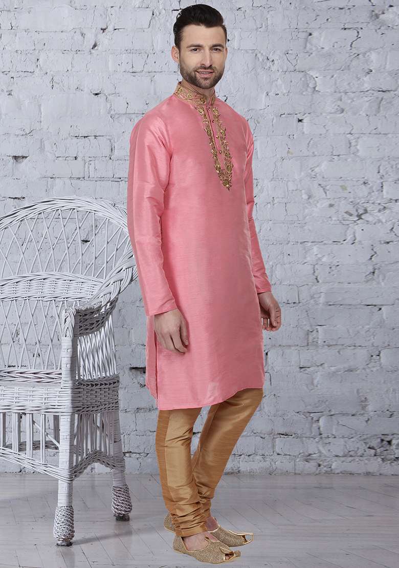 Pink Embroidery Sequins Work Dupion Silk Blend Kurta Set For Men - Indya