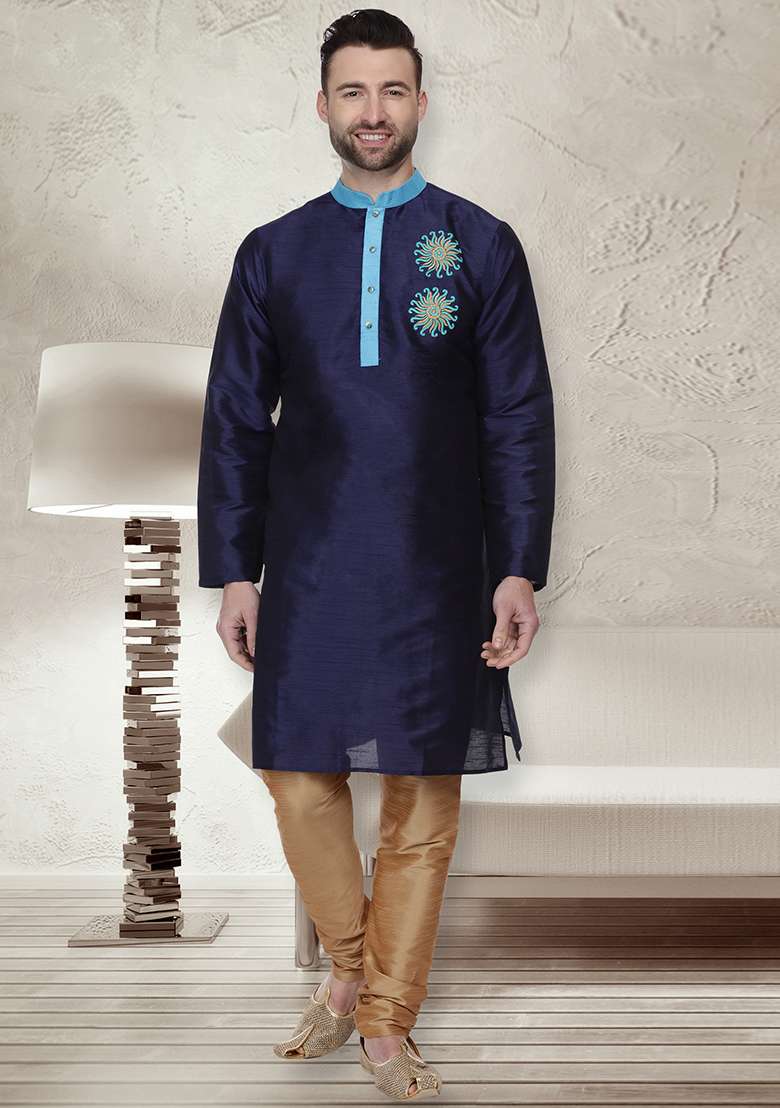 Navy Blue Embroidery Sequins Work Dupion Silk Blend Kurta Set For Men - Indya