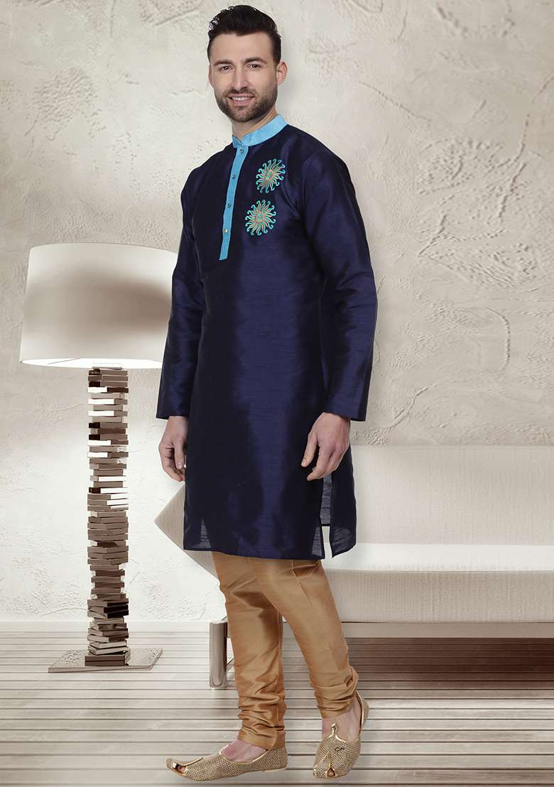 Navy Blue Embroidery Sequins Work Dupion Silk Blend Kurta Set For Men - Indya