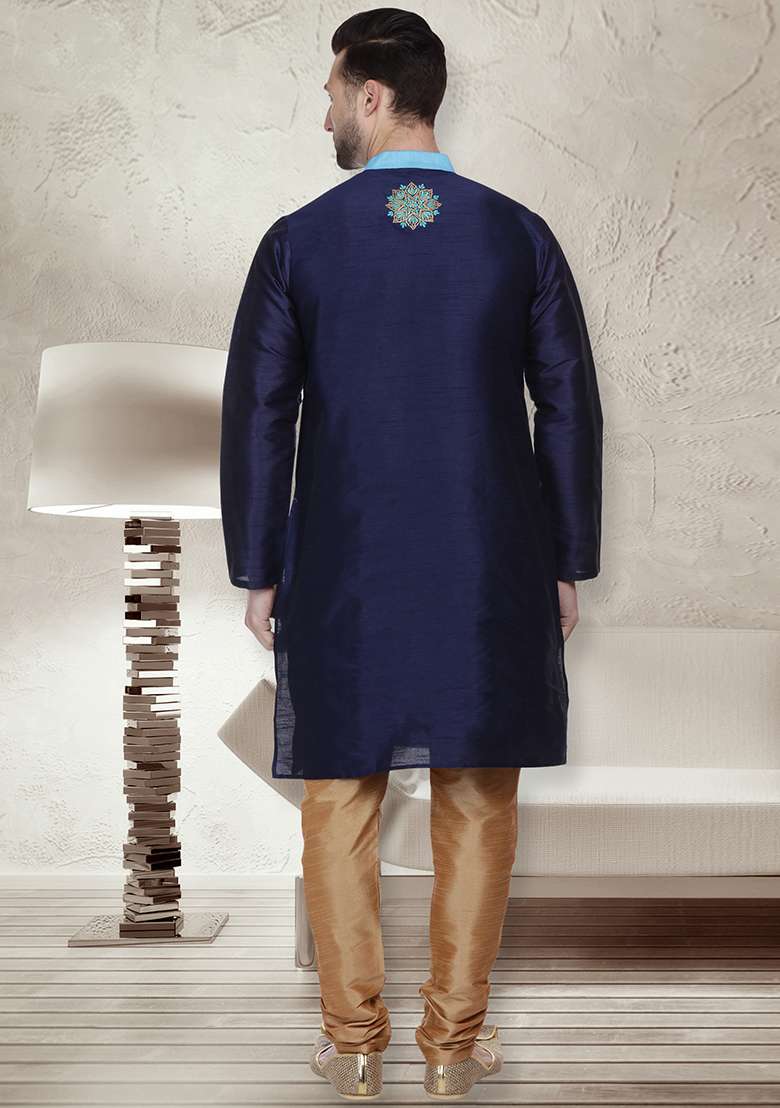 Navy Blue Embroidery Sequins Work Dupion Silk Blend Kurta Set For Men - Indya