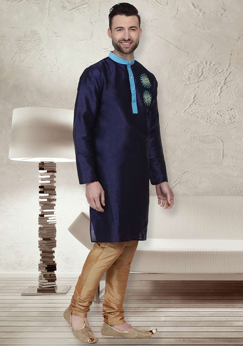 Navy Blue Embroidery Sequins Work Dupion Silk Blend Kurta Set For Men - Indya